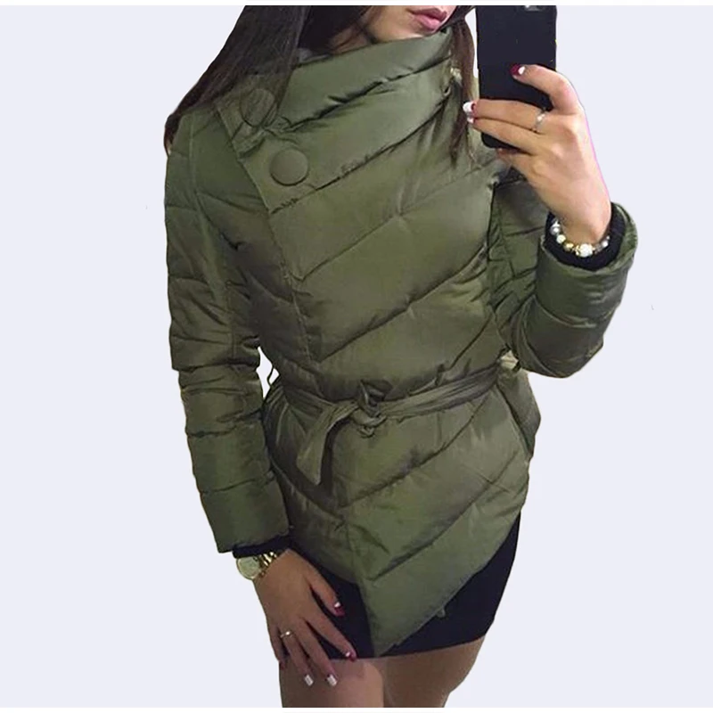 Autumn and Winter Single Breasted Women\'S Casual fashion Thin Short Coat High Neck Sashes Button Coats Warm Sashes Jacket