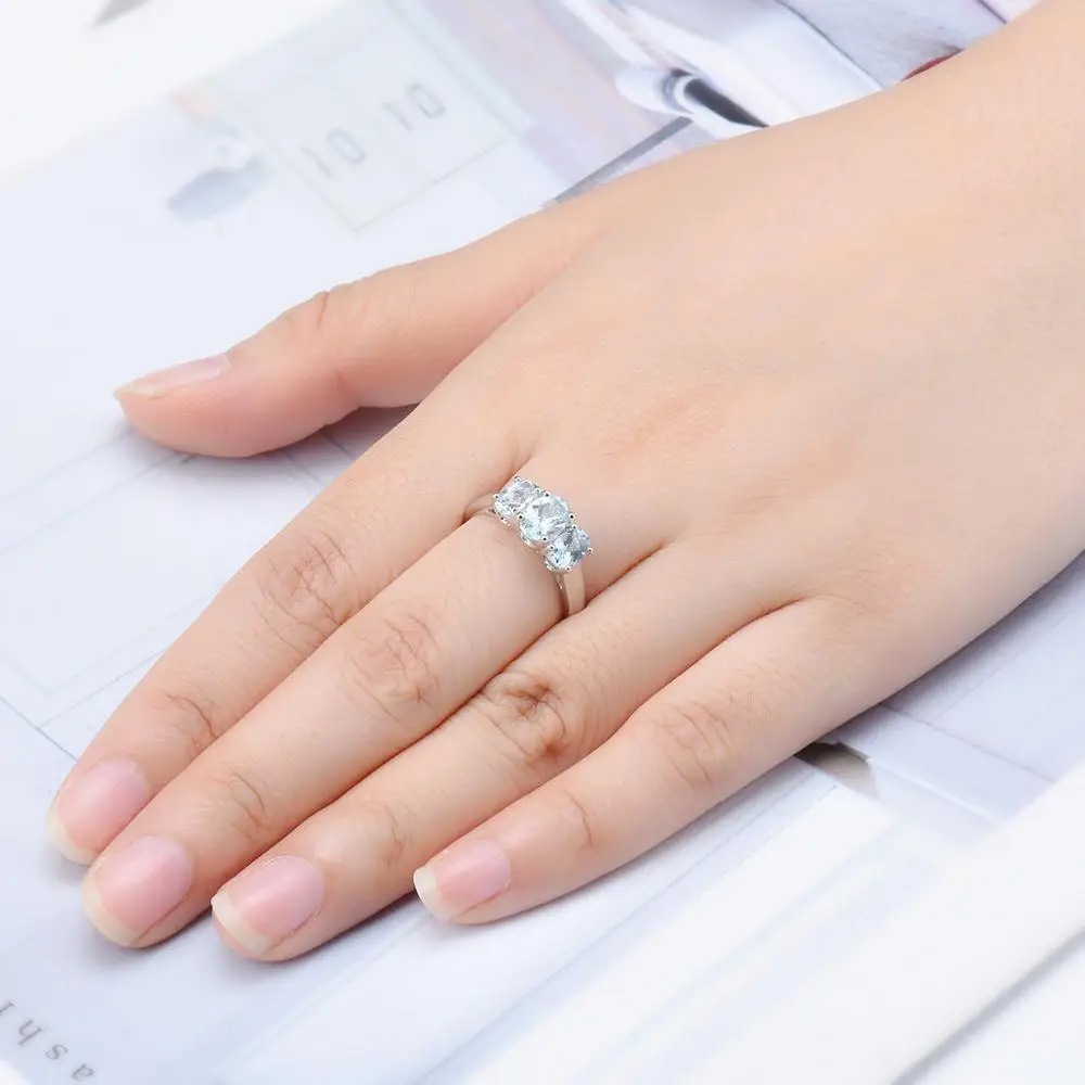 Natural Aquamarine 1.59 Carat Wedding Ring Solid 925 Sterling Silver Blue Gemstone Rings Fine Elegant Jewelry for Women Gifts