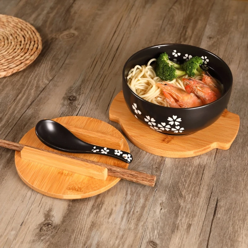 النمط الياباني السيراميك الأواني الفخارية السلطانية الكورية خمر المعكرونة وعاء الأرز ملعقة بغطاء