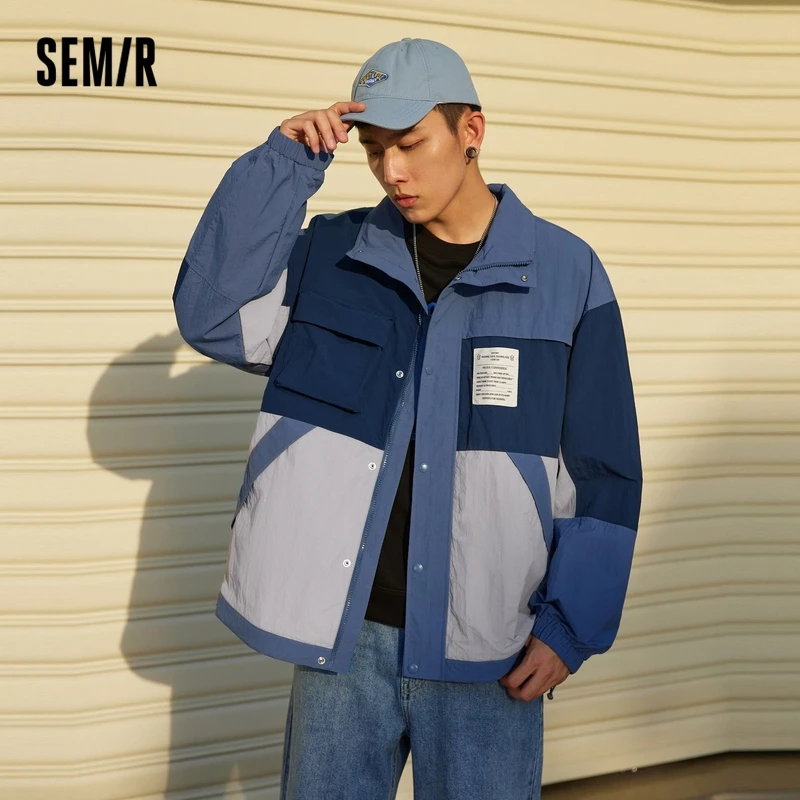 

SEMIR Jacket Men 2021 Autumn New Loose Style Ins Stitching Contrast Color Tooling Hong Kong Style Man Casual Jacket