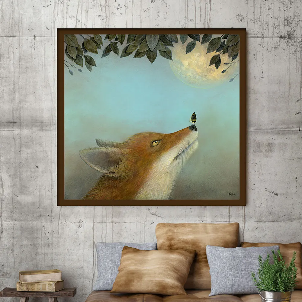 Woodland Nursery Animals fox Bee Wall Art Full Moon Canvas Painting Nordic Posters And Prints Wall Picture For Living Room Decor