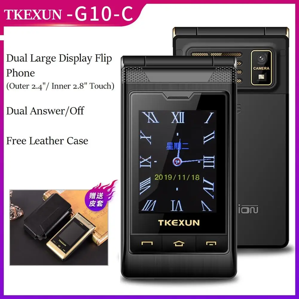 Twee Scherm 2.8 "Display Dual Antwoord Zwarte Lijst Snelle Wijzerplaat Sos Bel Grote Sleutel Zaklamp Flip Mobiele Telefoon Gratis Case