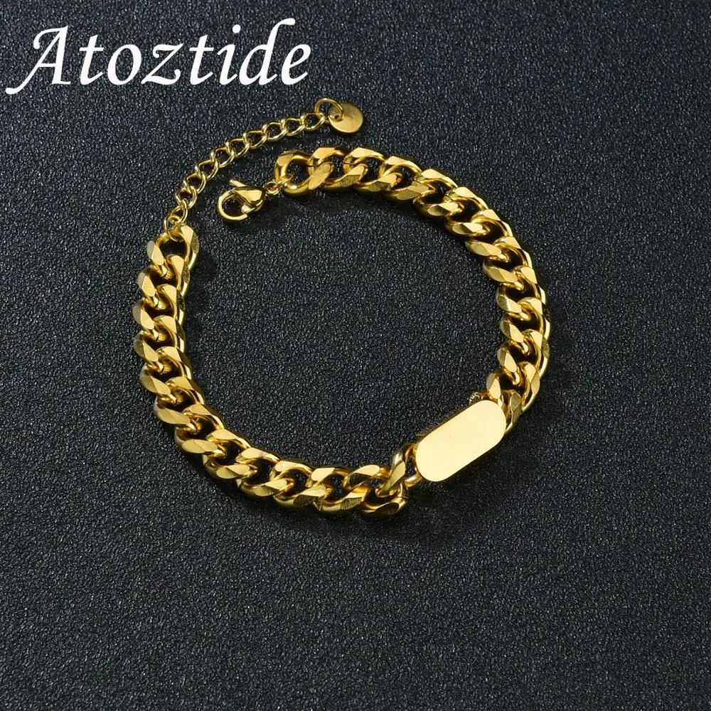 

Atoztide New Custom Bar Crude NK Chain Bracelet Men Stainless Steel Engraving Letter Name Man For Women Christmas Bangle Gift