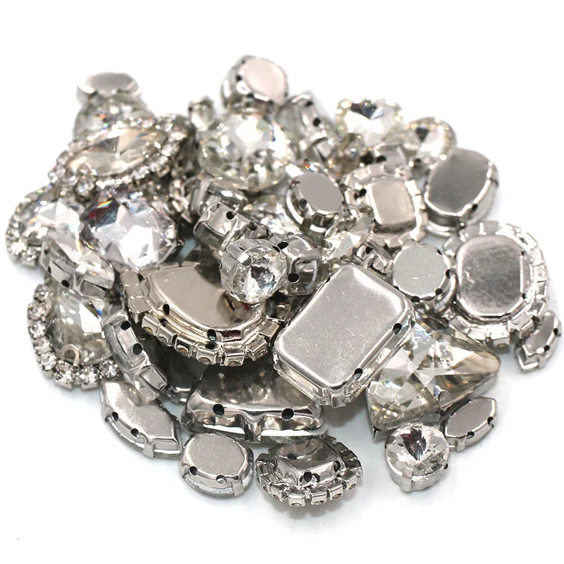 50pcs/Bag White Mixed Shape Sew on Glass Rhinestone Silver Claw and Crystal Buckle Diy Wedding Decoration Clothes/Shoe/Dress