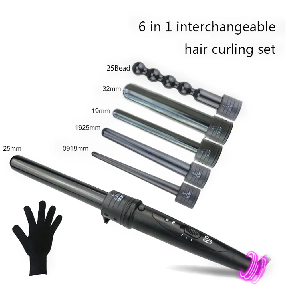 

6 in 1 9-32mm Interchangeable Professional Ceramic Hair Curler Rotating Curling Iron Wand Wand Curlers Hair Care Styling Tools