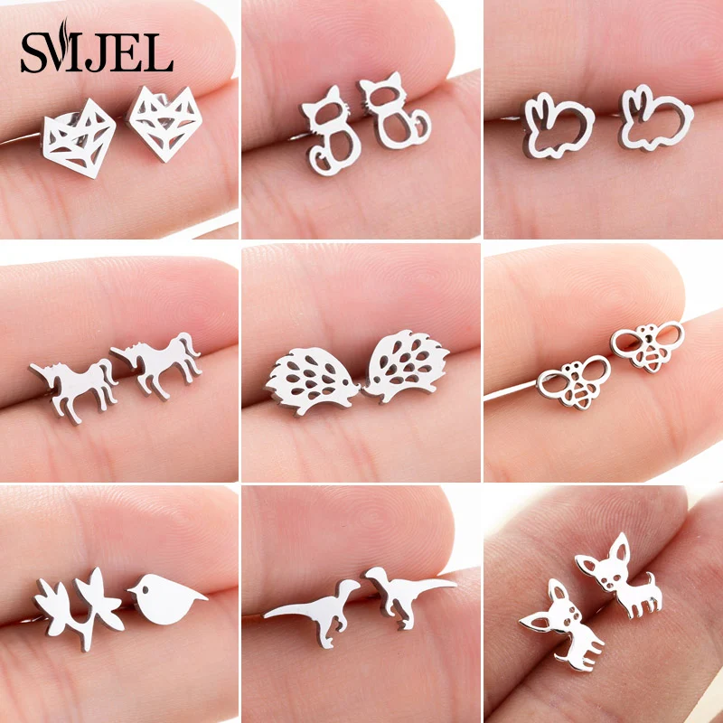 SMJEL Stainless Steel Animal Stud Earrings for Women Girls Minimalist Fox Cat Hedgehog Earings Jewelry Bee Dog Accessories Gifts
