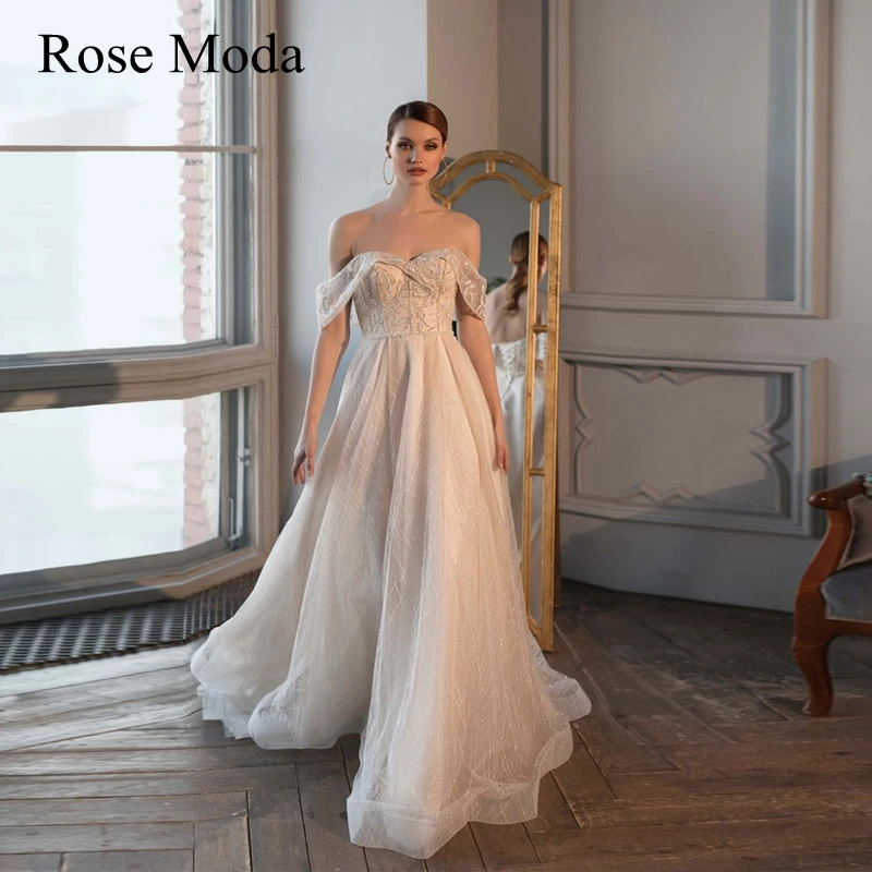 

Rose Moda Off the Shoulder Ivory and Champagne Glittering Lace Wedding Dress Custom Make