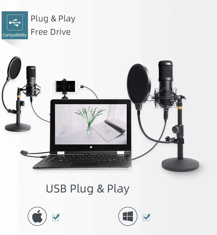 Microfono per PC Podcast in streaming USB, kit microfono a condensatore cardioide da studio professionale da 192 kHz/24 bit con shock per braccio con scheda audio