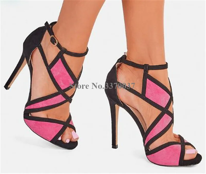 Brand Design Women Fashion Peep Toe Patchwork Colors Thin Heel Sandals Pink Blue Strap Cross High Heel Sandals Dress Shoes