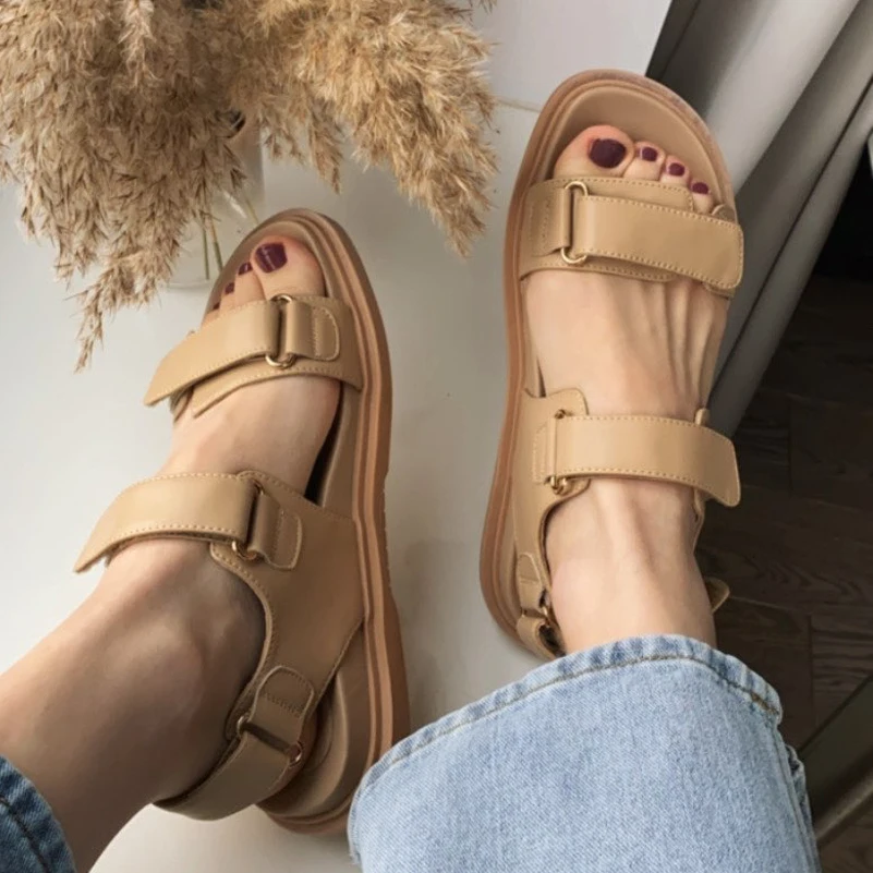 Meotina Sandals Shoes Women Flat Platform Low Heel Sandals Square Toe Split Leather Shoes Flat Ladies Footwear Summer Fashion