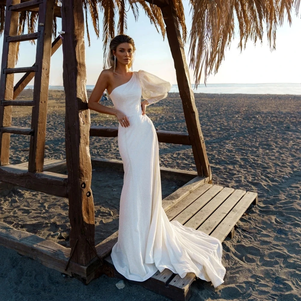 

One Shoulder Mermaid Wedding Dress Puff Sleeves Backless Court Train Robe de mariée Simple Bride Gown Vestidos De Novia