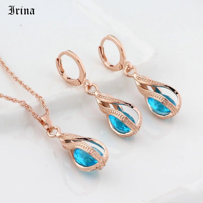 New Gift Trendy Rose Gold Color Long Earrings Set For Women Wedding Hollow Irregular Cubic Zircon Jewelry Sets