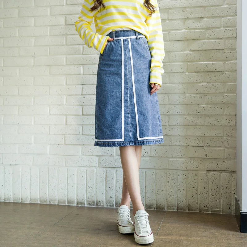 

Fashion New Spring Korean Style Women Denim Skirts Striped Female A-Line Jeans Skirts Women's High Waist Knee-Length Jupe