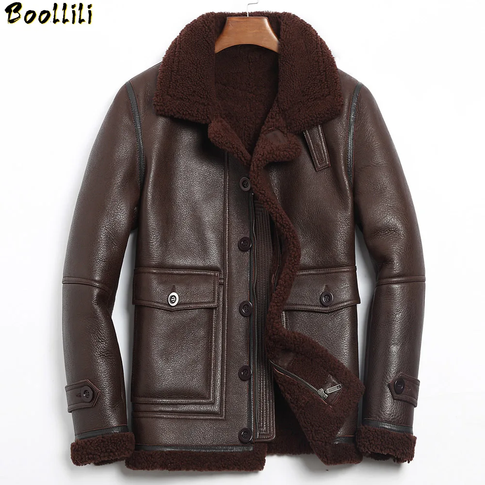 

Men's Genuine Boollili Leather Jacket Winter Sheep Shearling Jacket Men Real Leather Coat Mens Aviator Flight