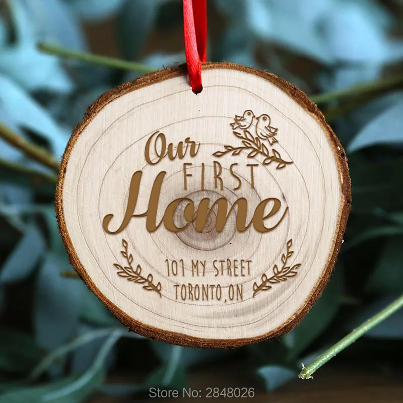 

Custom wooden slices Our first Home Ornament,Personalized engraved Address Christmas Ornament,Custom Rustic Ornament Ball