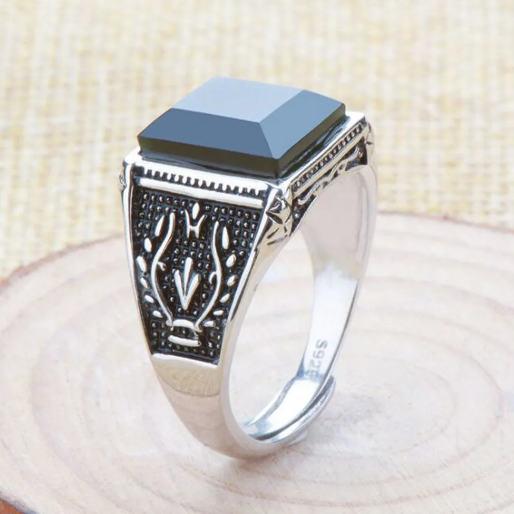 

2020 New real s925 pure silver inlaid with natural Hetian jade, black sapphire square ring adjustable for men and women