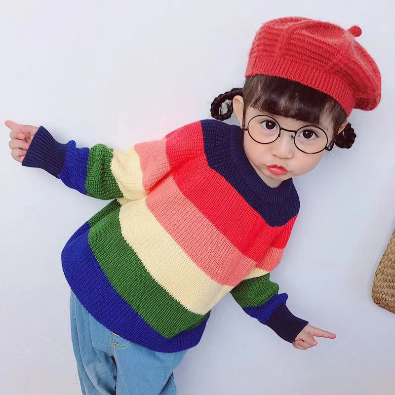 

Kids Sweaters Winter Children's Sweater Rainbow Striped Girls and Boys Kint Sweaters Autumn Baby Warm Wool Tops Kids Clothes