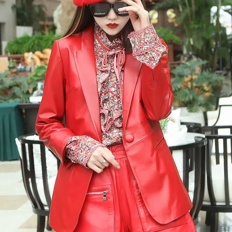 Autunno elegante donna morbida pelle di pecora giacca in vera pelle ufficio donna lavoro giacca slim fit cappotto un bottone capispalla top