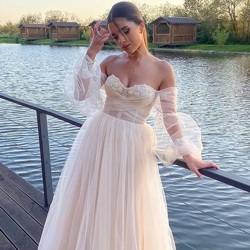 Short Champagne Wedding Dress 2023 Sweetheart Appliques Puff Sleeve A-Line Tulle Party Dress Ankle Length Robe De Fête For Women