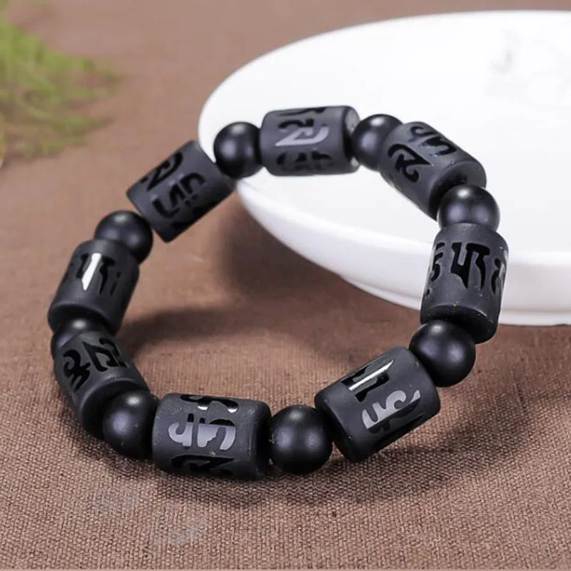 Black Obsidian Six-character True Proverbs Single Bracelet Jewelry Fine Jewelry Crystal Buddha Bead Carved Bracelet