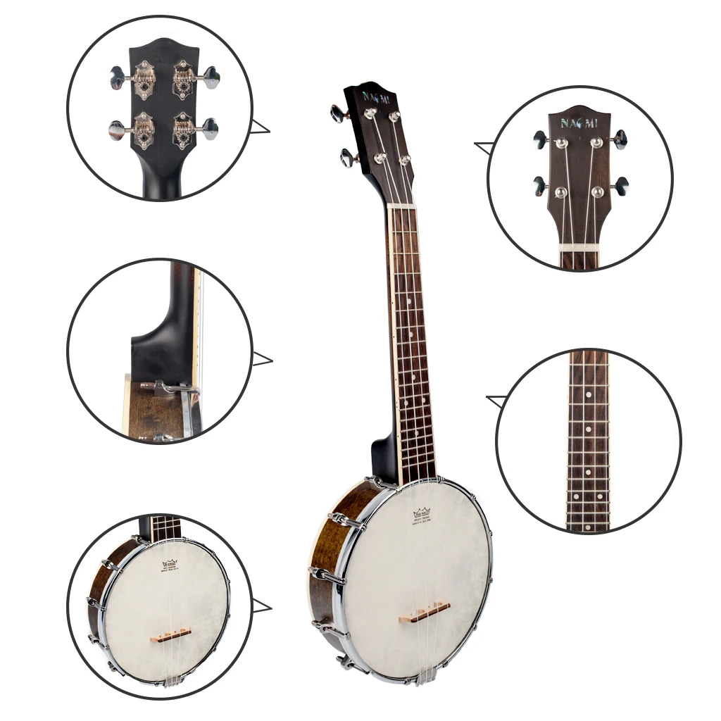 NAOMI 23 Inch Banjo 18 Frets Concert Scale 4 String Banjolele Satin Vintage Mahogany Chrome-Plated Hardware w/Carrying Bag