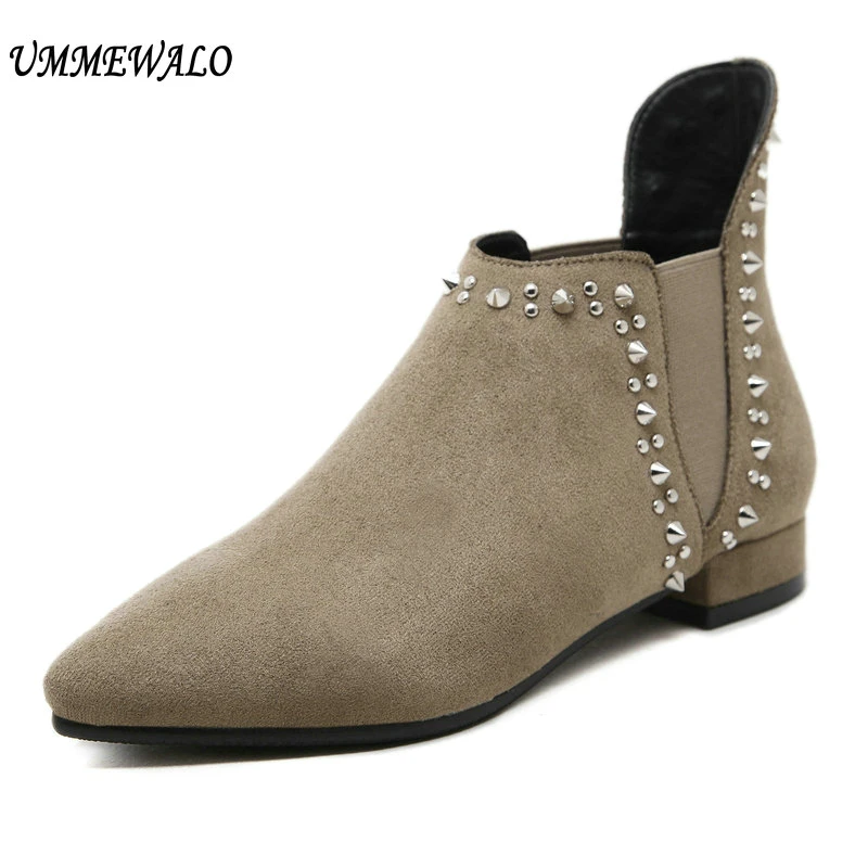 

UMMEWALO Boots Women Suede Leather Boots Qualiy Pointed Toe Shoes Ladies Casual Autumn Winter Rivets Shoes botines mujer