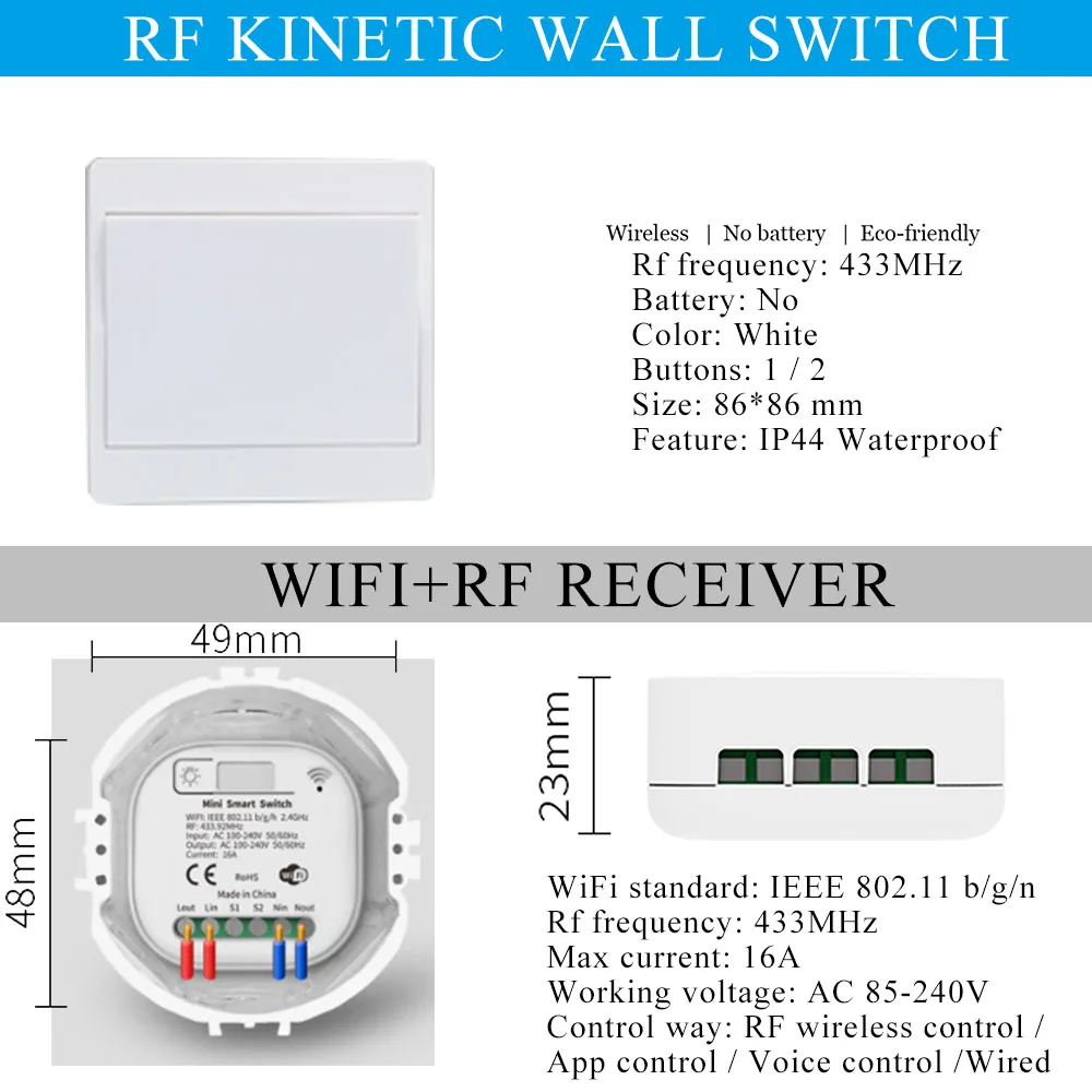 16A Tuya WiFi Smart Light Switch and Wireless Self Powered Kinetic Wall Switch Supports 2 way Remote Control Timing Module 220V