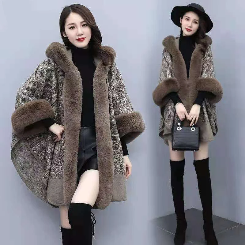 Hot Sale Fashion Cashew Flower Shawl Poncho Cape Autumn Winter Retro Style Soft Cashmere Rabbit Fur Hooded Coat for Women