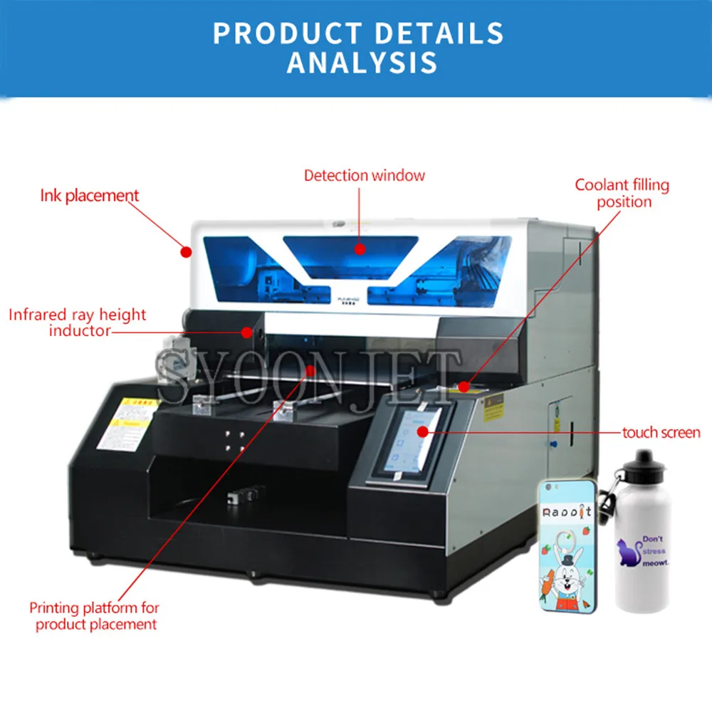 New Automatic A4 UV Printer with Touch screen &White ink circulation system for bottle pen phone case t shirt  Acrylic Wood