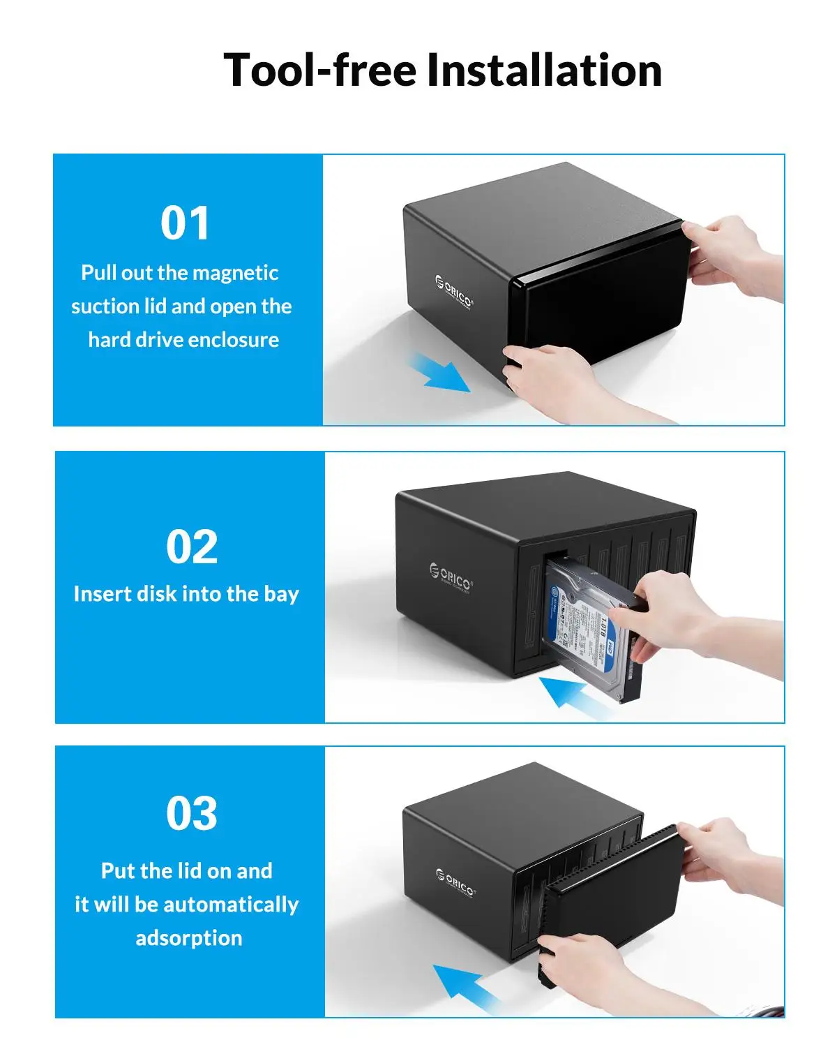 Imagem -02 - Orico-gabinete de Disco Rígido Externo Armazenamento Ssd Sata para Usb 3.0 Tipo-c Suporte para Case 144tb Série ns Bay Hdd