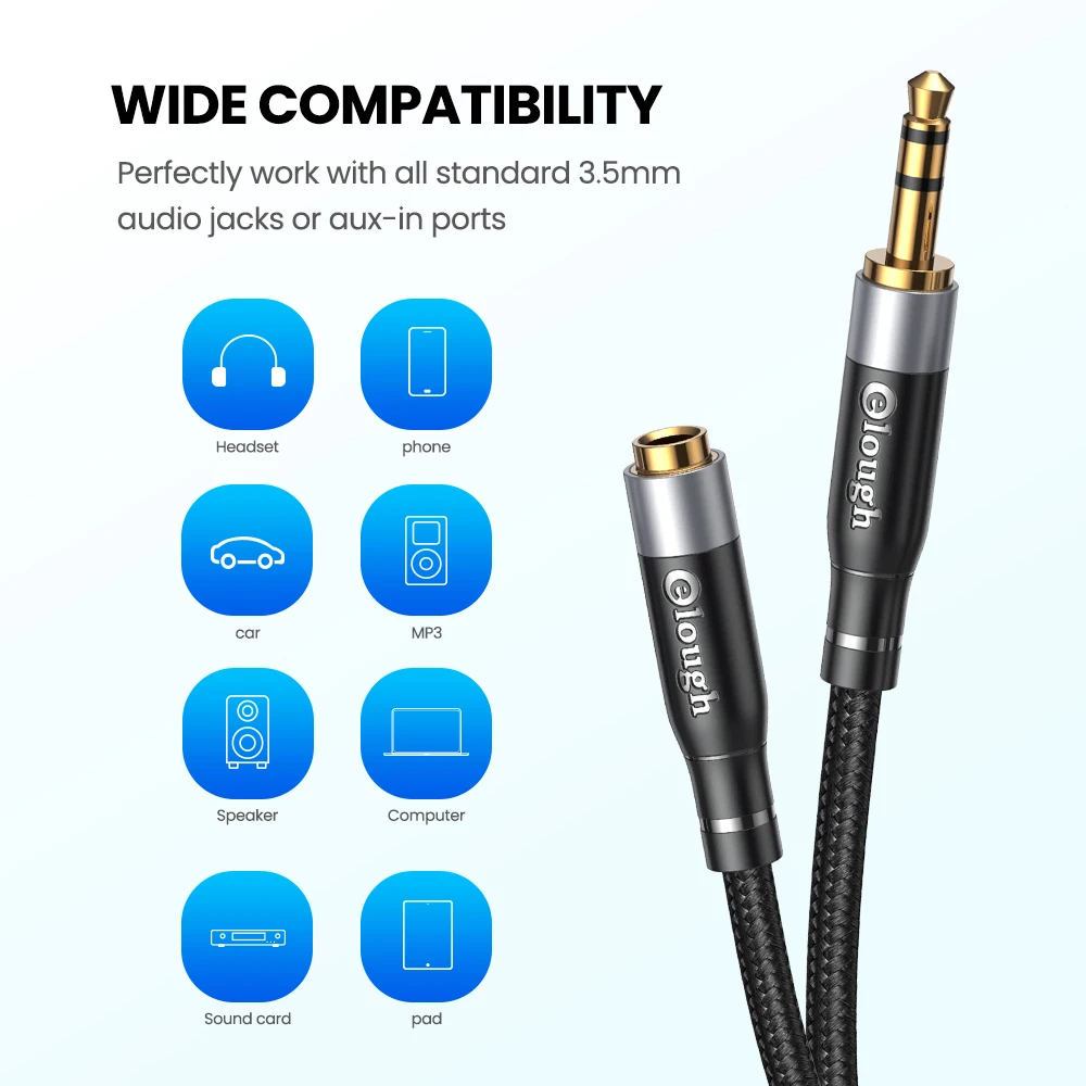 Elough 0.5m 1m 2m 3m 5m przedłużacz kabla AUX 3.5mm przedłużacz Audio do samochodu iPhone Redmi Smartphone głośnik słuchawkowy MP3 PC