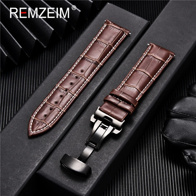 REMZEIM Leather Watchband Strap 18/20/22/24MM Calfskin Watch Band Stainless Steel Buckle Watch Accessories Black Brown