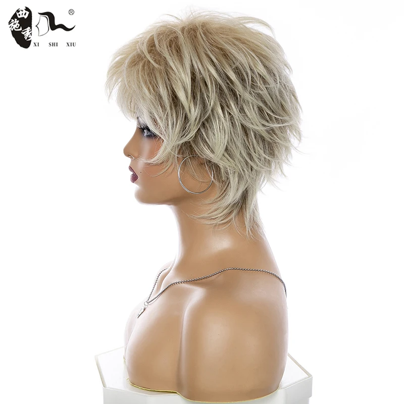 Short Pixie Cut Synthetic Wig With Bangs For Women Mixed Blonde Brown Natural Wave Hair High Temperature Mommy Daily Wear Wigs