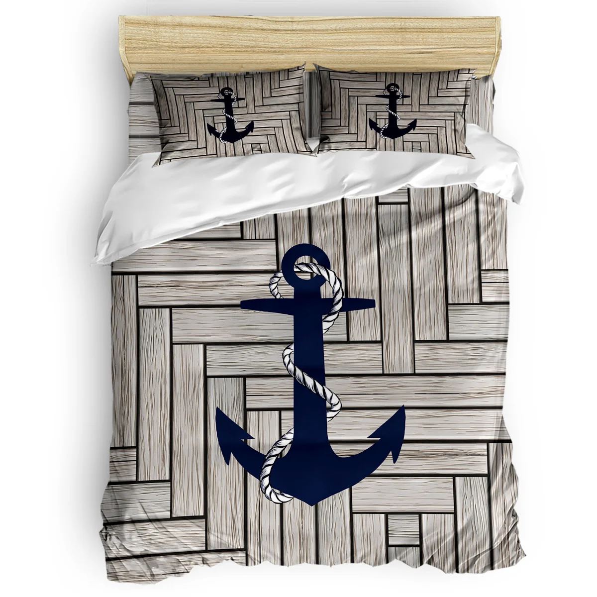 Wood Texture Marine Anchor Print Bedding Set Home Textiles Bed Sheet Duvet Cover Pillowcase Single Double Bed Set