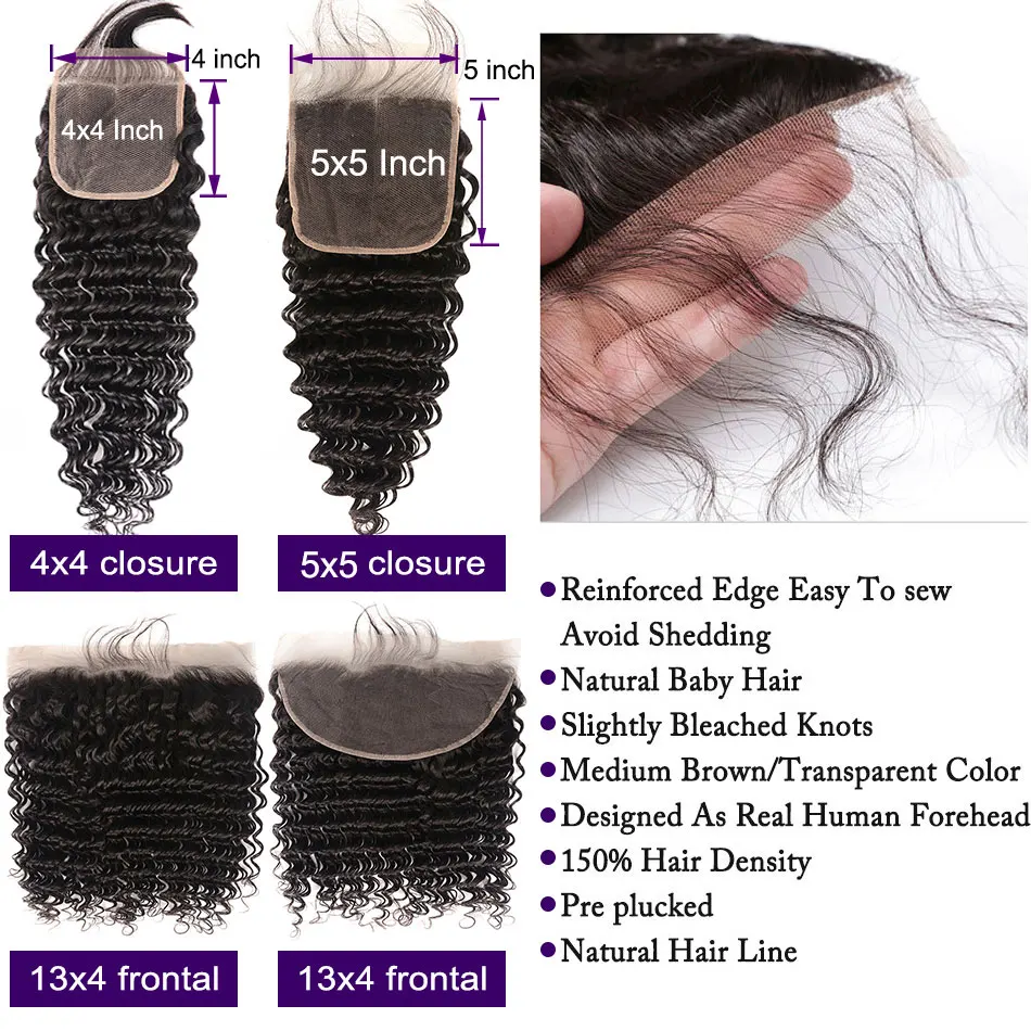 Shuangya rambut bundel gelombang dalam dengan Frontal 100% bundel rambut manusia Virgin dengan 13x4 renda Frontal 4x4 penutup renda dengan bundel