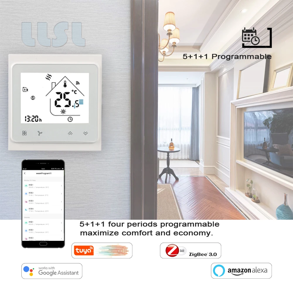 Zigbee thermostat Tuya wifi thermostat 2P/4P Fan coil regulator，95-240VAC Central air conditioning thermostat