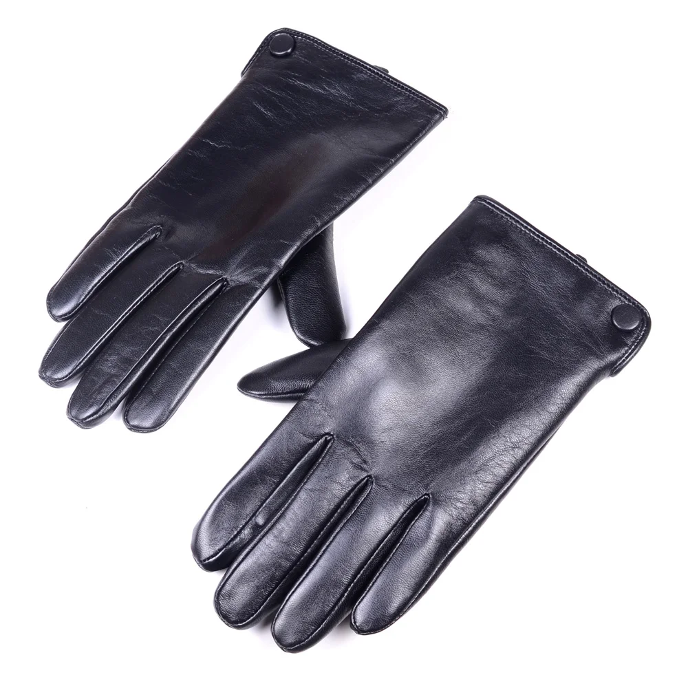 Men\'s Winter Warm Real Leather Classical Wrist Button Snap-fastener Black Touch Screen Casual Driving Short Gloves