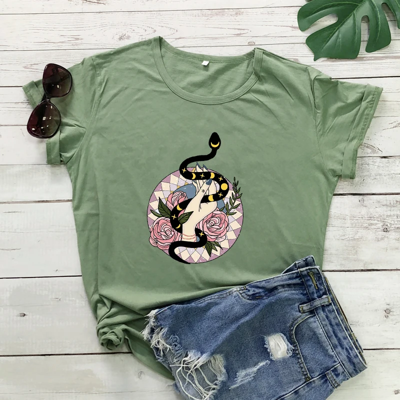 Boho Moon Phases Snake In Hand Colored T-shirt Aesthetic Witch Spiritual Tshirt Vintage Witchy Woman Gothic Graphic Tee Top