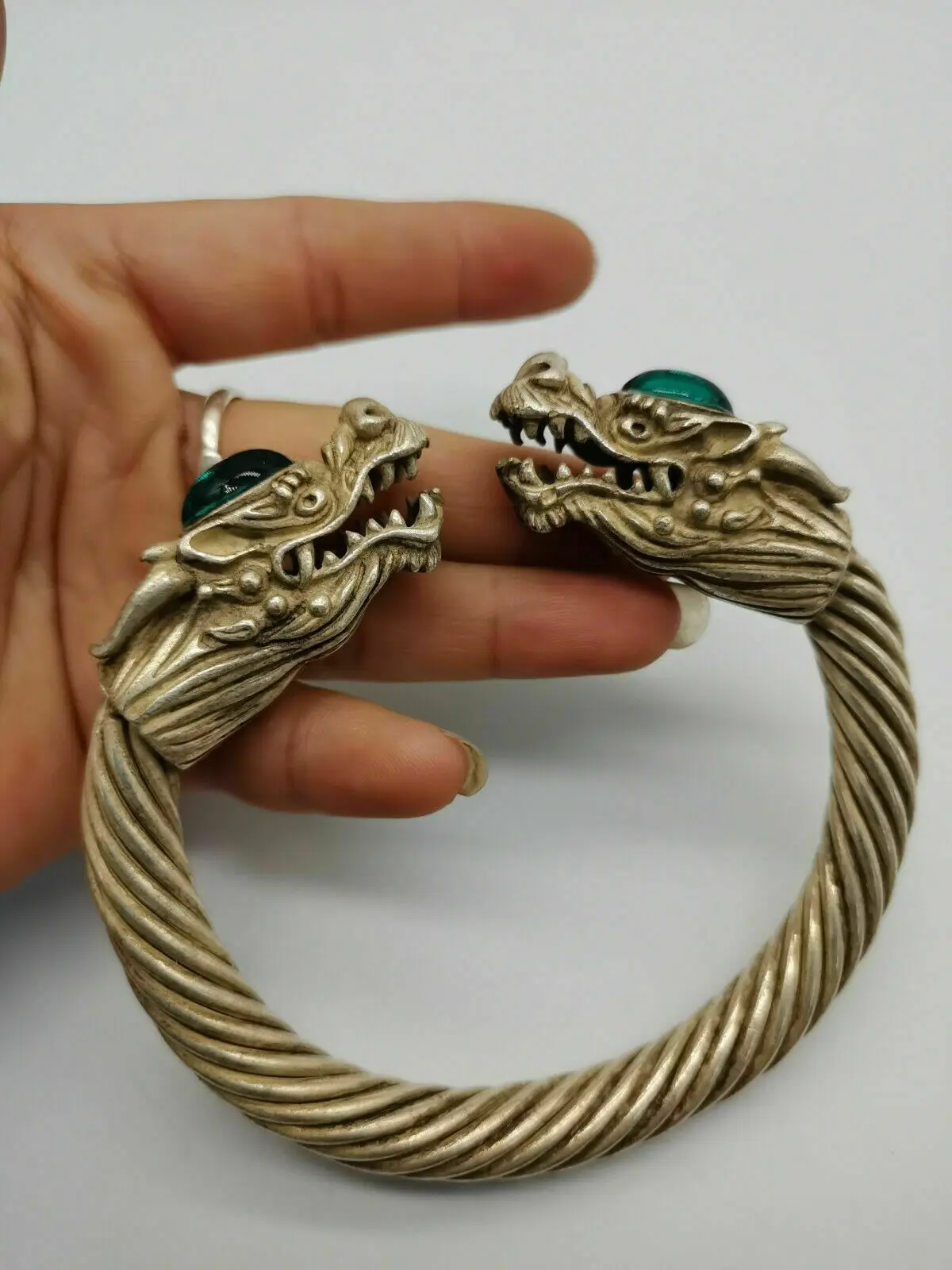 China Old Tibet Silver Carved Dragon Bracelet inlaid with green jade Bracelets