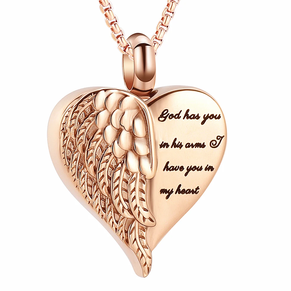 God Has You In His Arms Have You In My Heart Stainless Steel Cremation Necklace For Ashes Angel Wing Cremation Jewlery