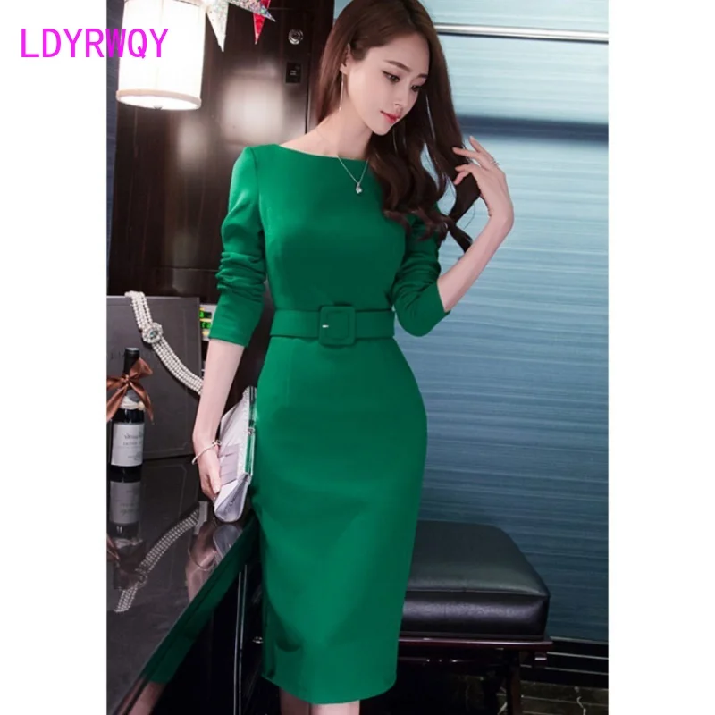 LDYRWQY Dresses for fall/winter new style purple long-sleeved temperament ladies slim bag hip women Office Lady