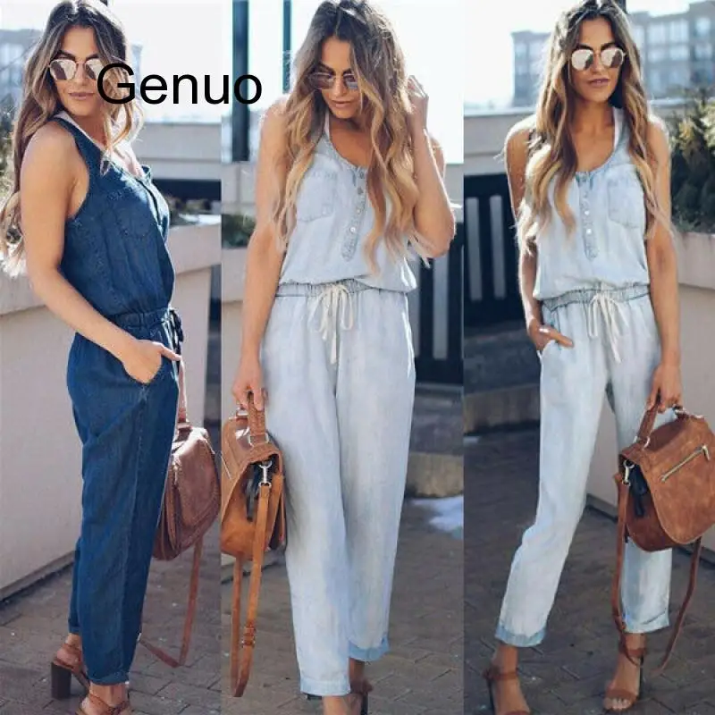 

Denim Wash Overall For Summer Lady Women Arrival Cool Street Blue Plain Women Sleeveless Loose Jeans Jumpsuit Long Pants Rompers