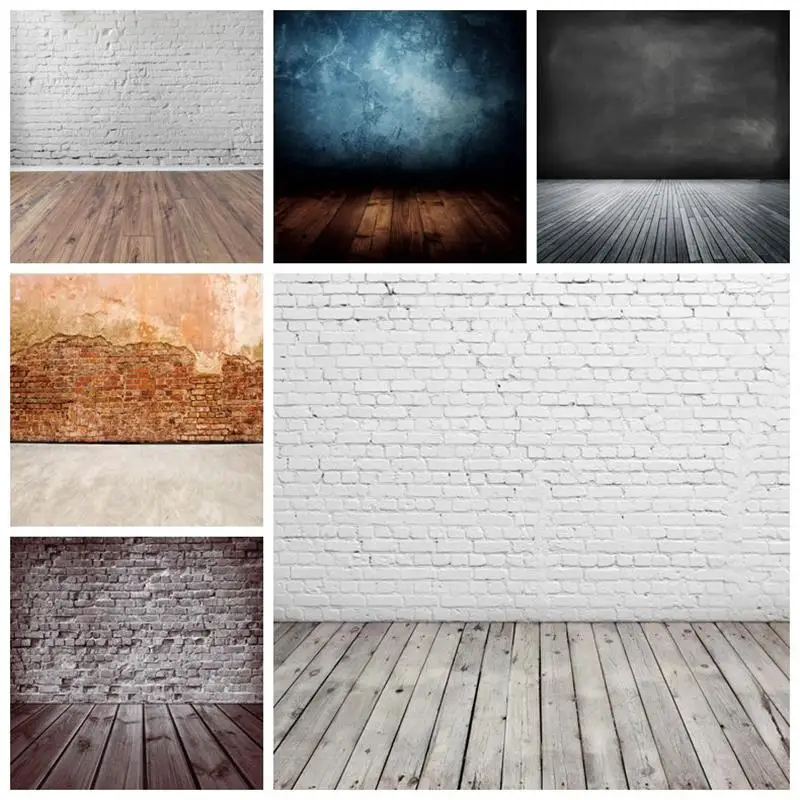 Laeacco-사진 배경, 음식 케이크 벽돌 시멘트 벽 단색 그라데이션 나무 바닥 사진 배경