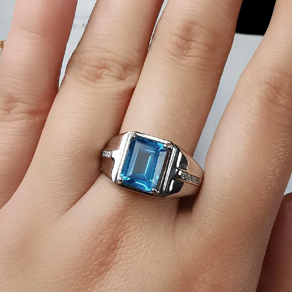 Fashion Square Blue Crystal Topaz Gemstones Diamonds Men\'s Finger Rings White Gold Silver Color Jewelry Cool Accessories Gifts