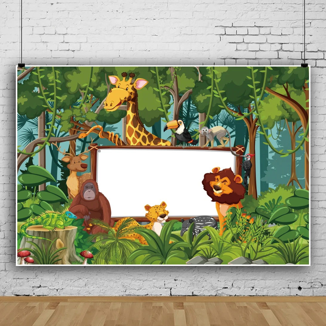 Laeacco Jungle Wild Safari Child Birthday Baby Customized Backdrop For Photography Griaffe Lion Animal Pattern Photo Background