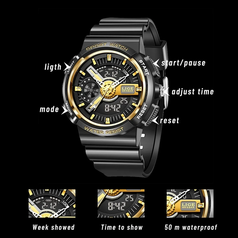 LIGE – montre-bracelet de Sport militaire pour enfants, étanche 50M, électronique, chronomètre numérique, pour garçons et filles, boîte