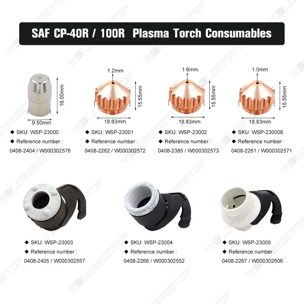 Tocha cortadora de plasma SAF 20/40/100 PLAZCUT NERTAJET 0408-2261 /0408-2262 / 0408-2385 Bico de ponta 1,0 mm / 1,2 mm / 1,6 mm PKG/10