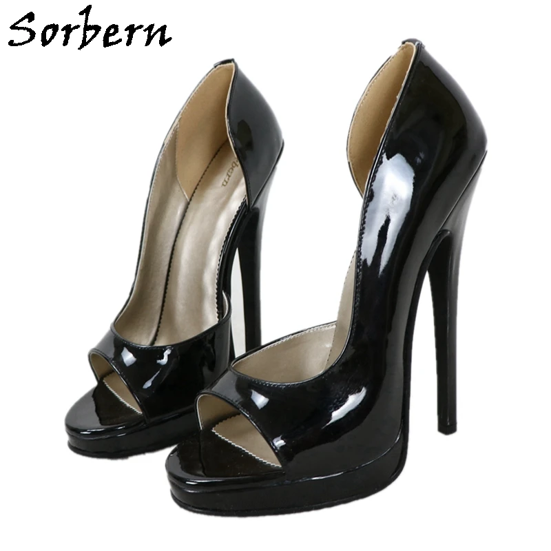 Sorbern Black Shiny Genuine Leather Pump High Heels 18Cm Open Toe Summer Style Shoes D'Orsay Lady Party Shoes Custom Colors