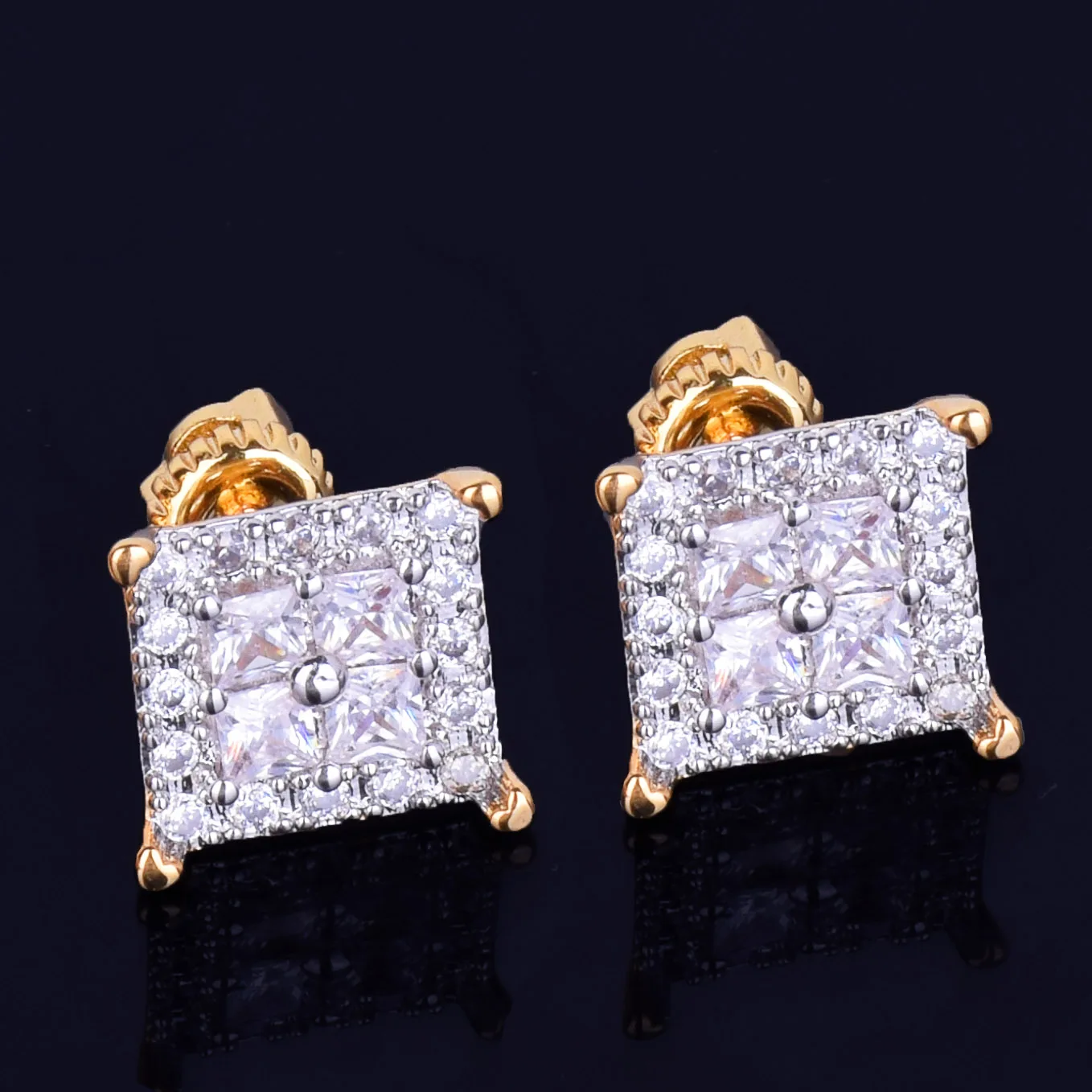 12MM Square Baguette Zircon Stud Earring Silver Color Charm Screw Back Women Men\'s Earrings Fashion Hip Hop Jewelry