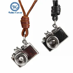 Retro Men Long necklace Women Hip hop Camera Pendant Adjustable Black/Brown Genuine Leather Necklace homme Handmade Jewelry Gift